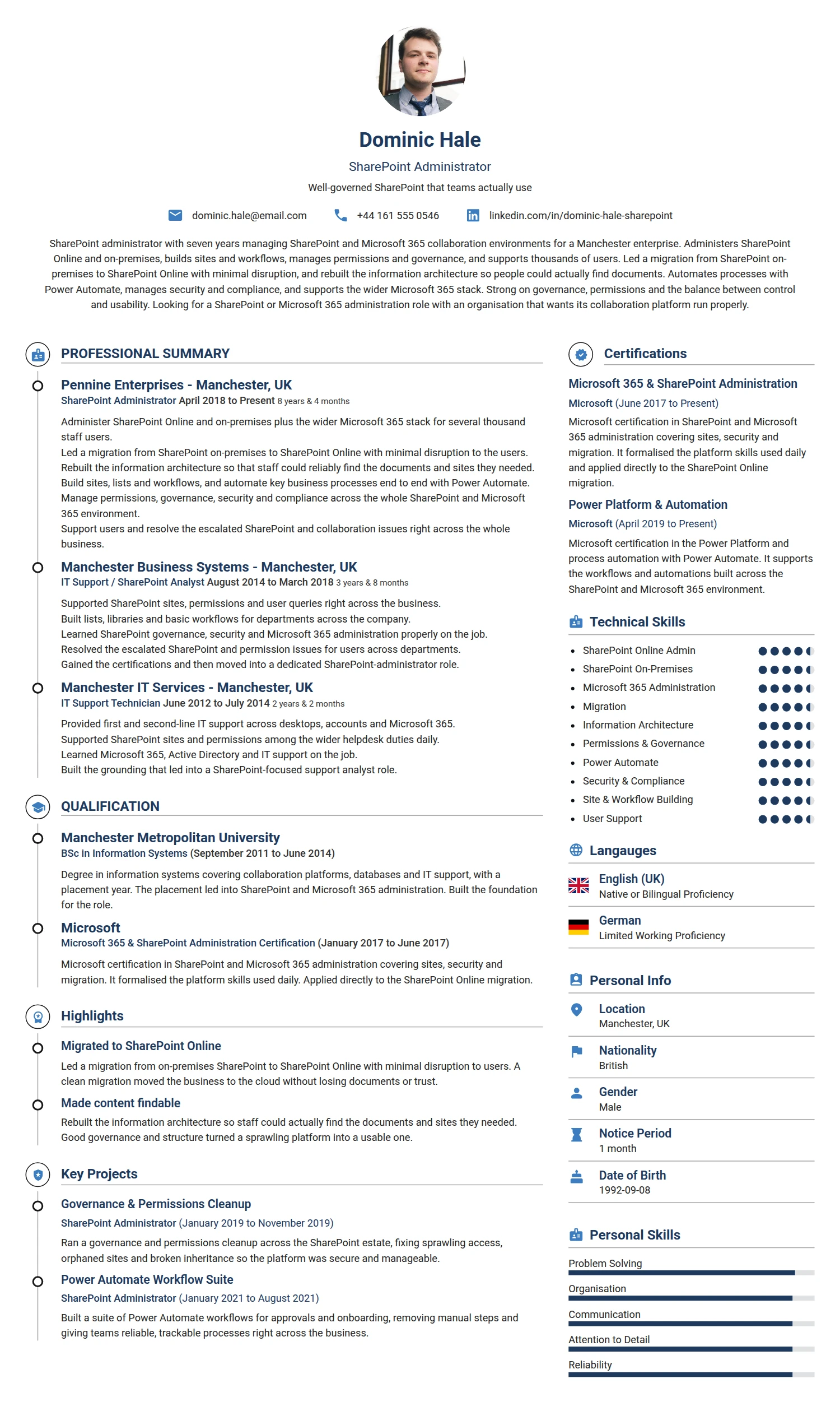 Sharepoint Administrator resume example — a professionally formatted Software Development & IT CV sample