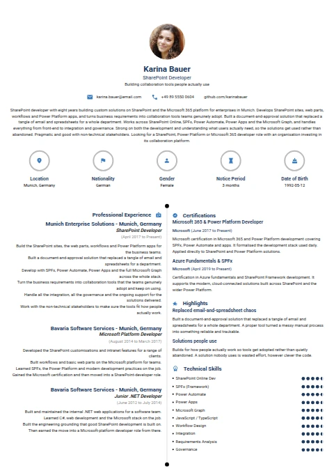 SharePoint Developer resume example
