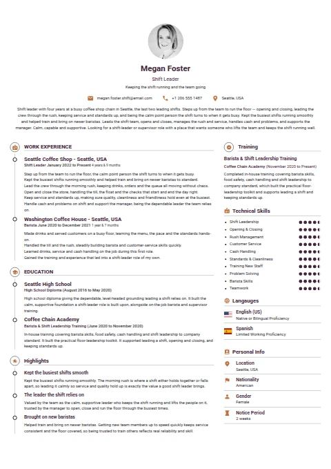 Shift Leader resume example