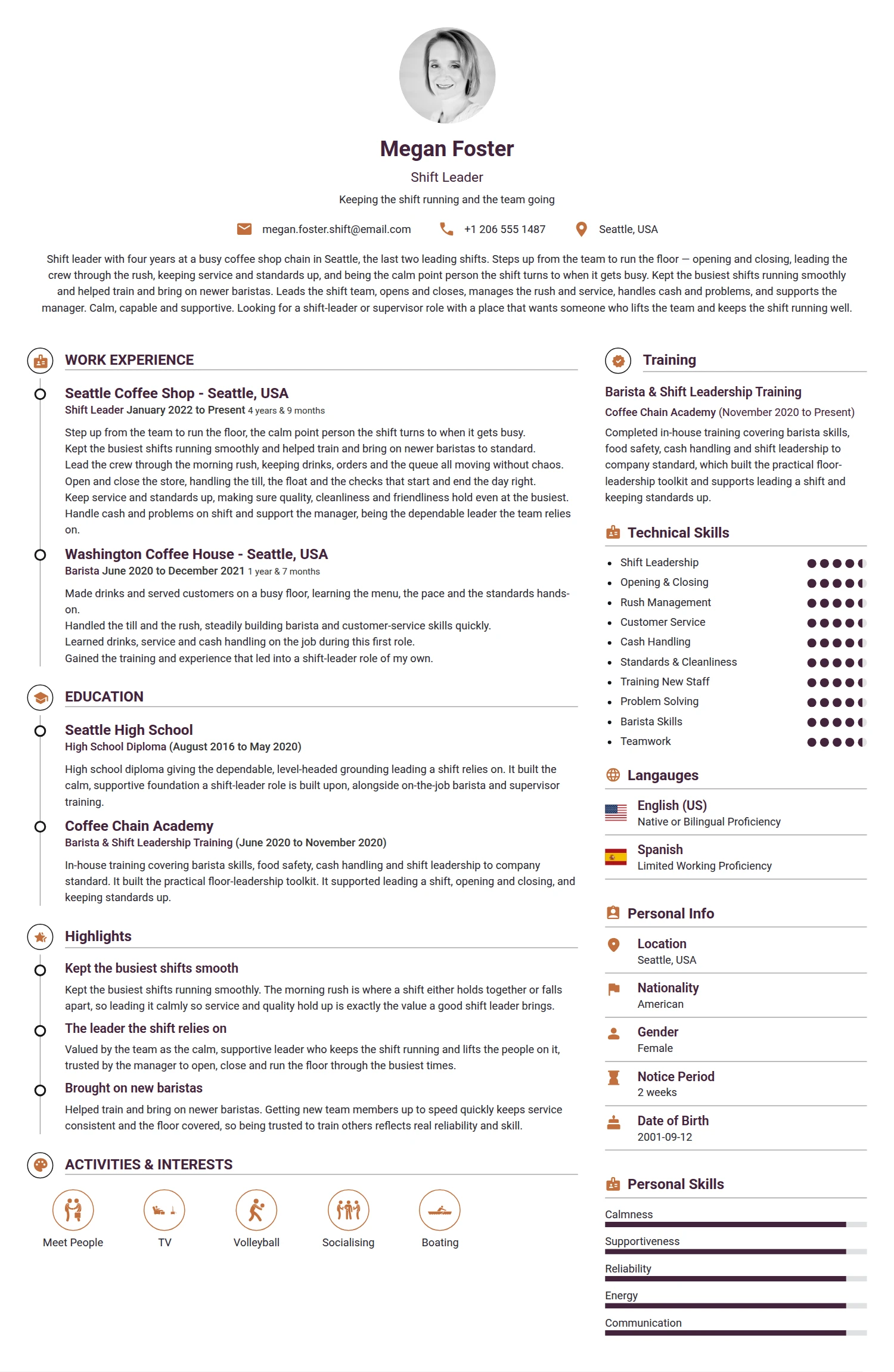 Shift Leader resume example — a professionally formatted Administration CV sample