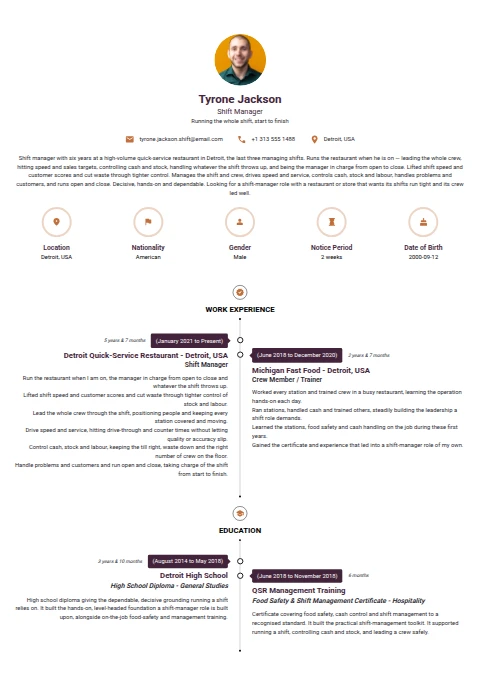 Shift Manager resume example