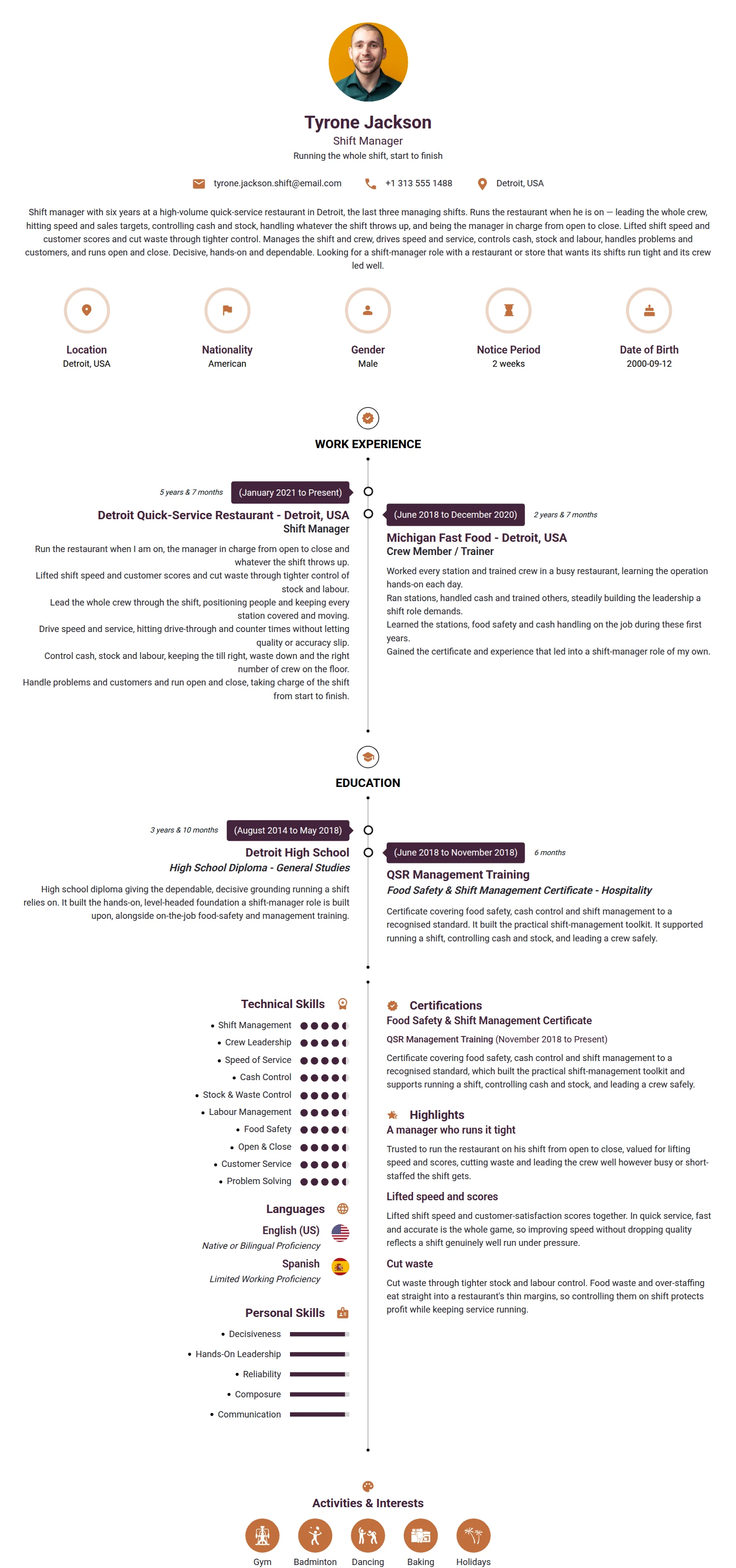 Shift Manager resume example — a professionally formatted Administration CV sample