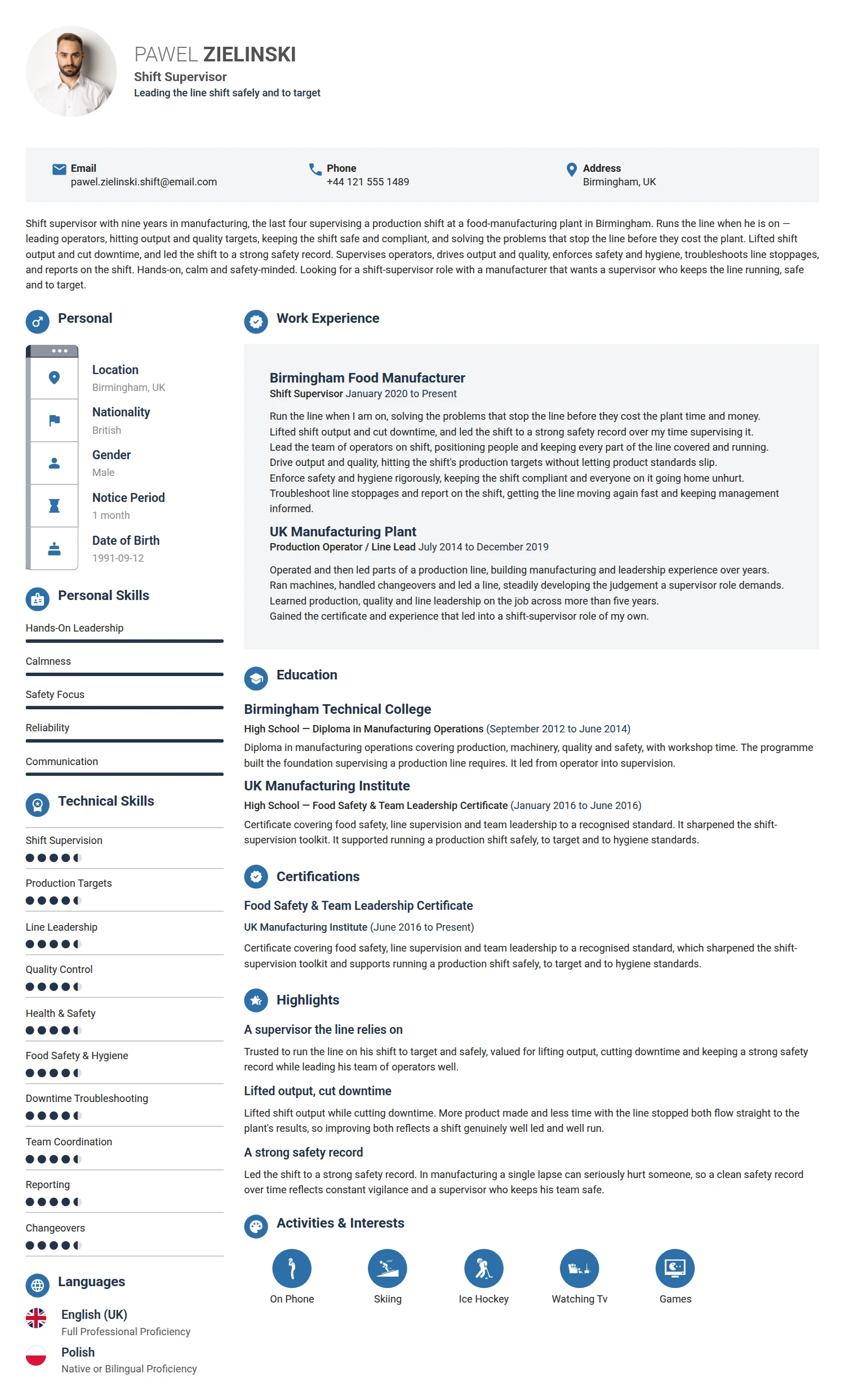 Shift Supervisor resume example — a professionally formatted Administration CV sample