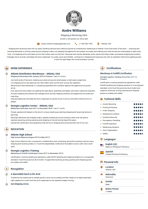 Shipping and Recieving Clerk resume example