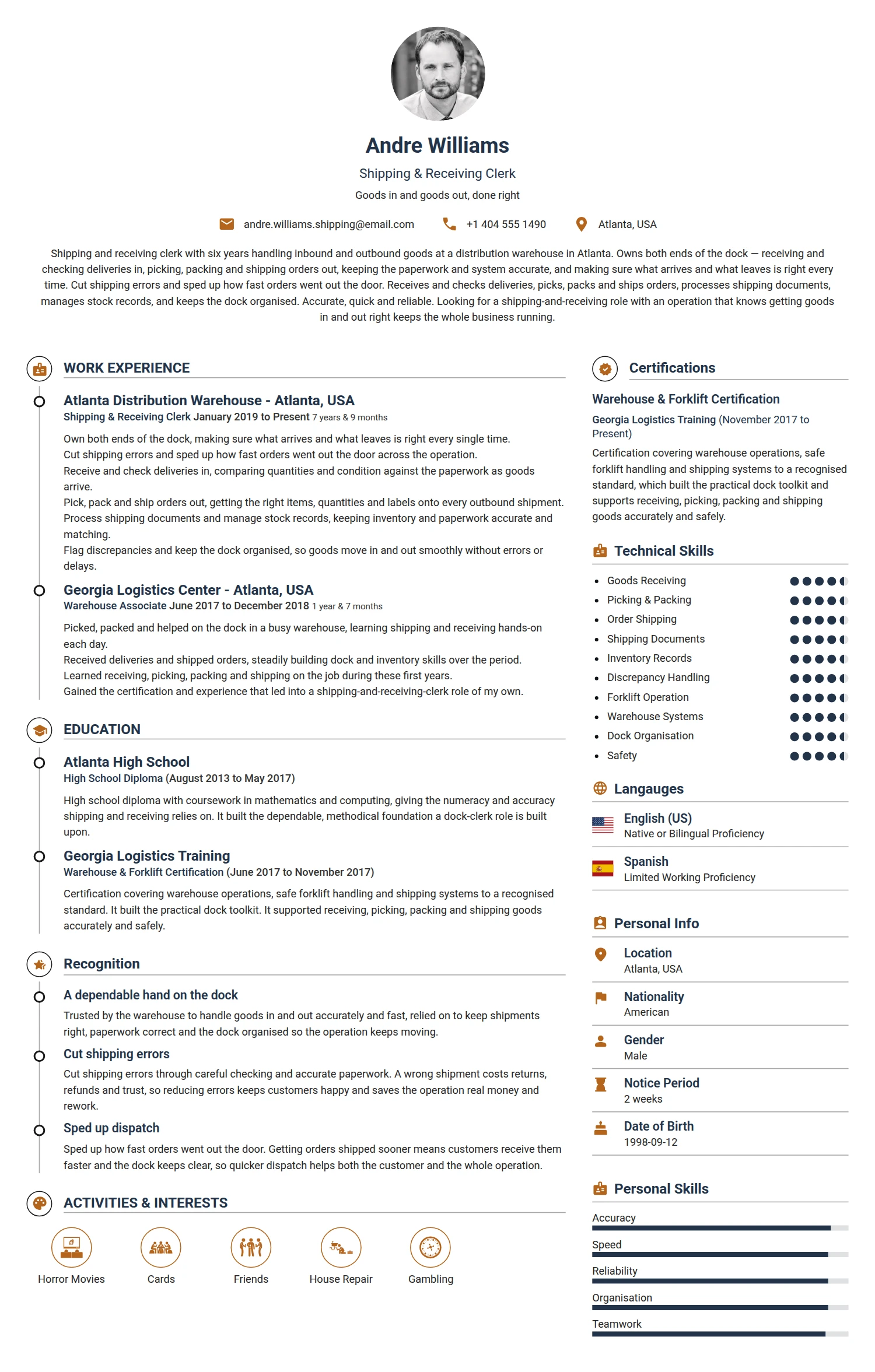 Shipping and Recieving Clerk resume example — a professionally formatted Logistics/Supply Chain CV sample