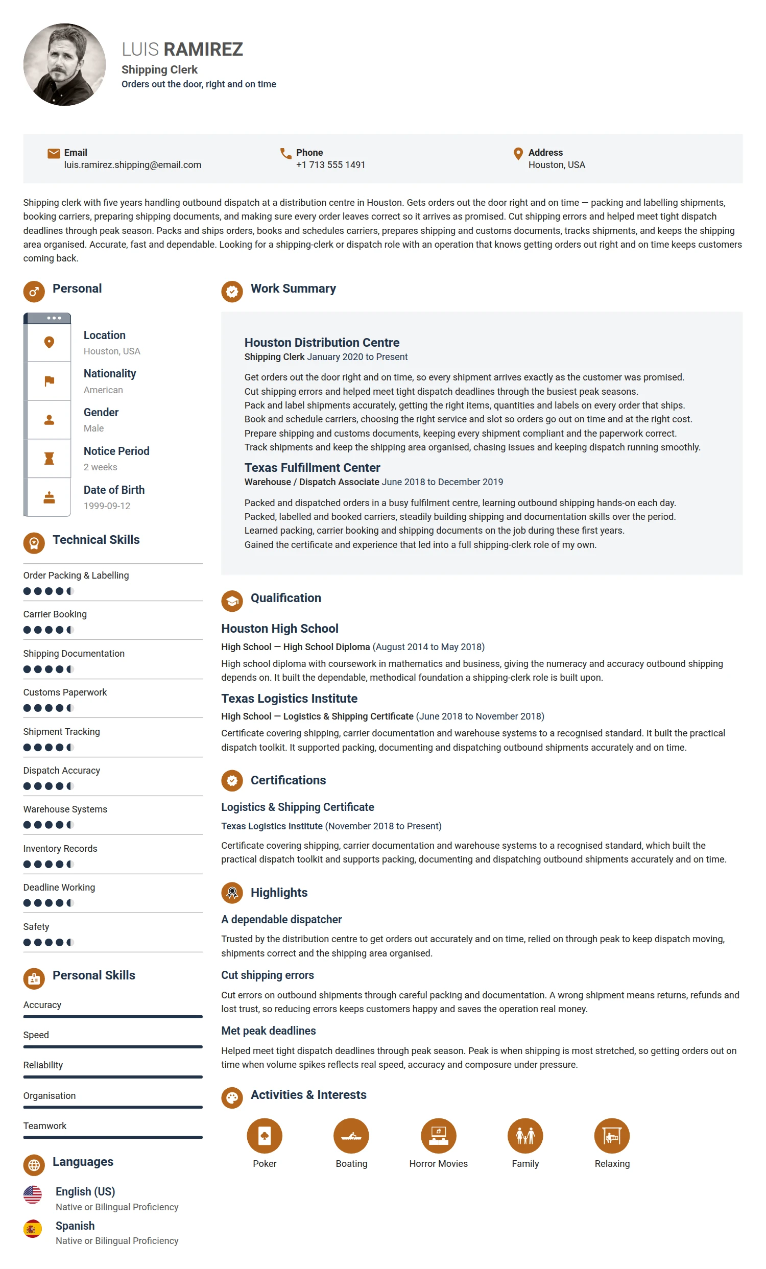 Shipping Clerk resume example — a professionally formatted Logistics/Supply Chain CV sample