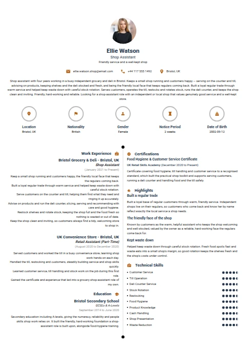 Shop Assistant resume example
