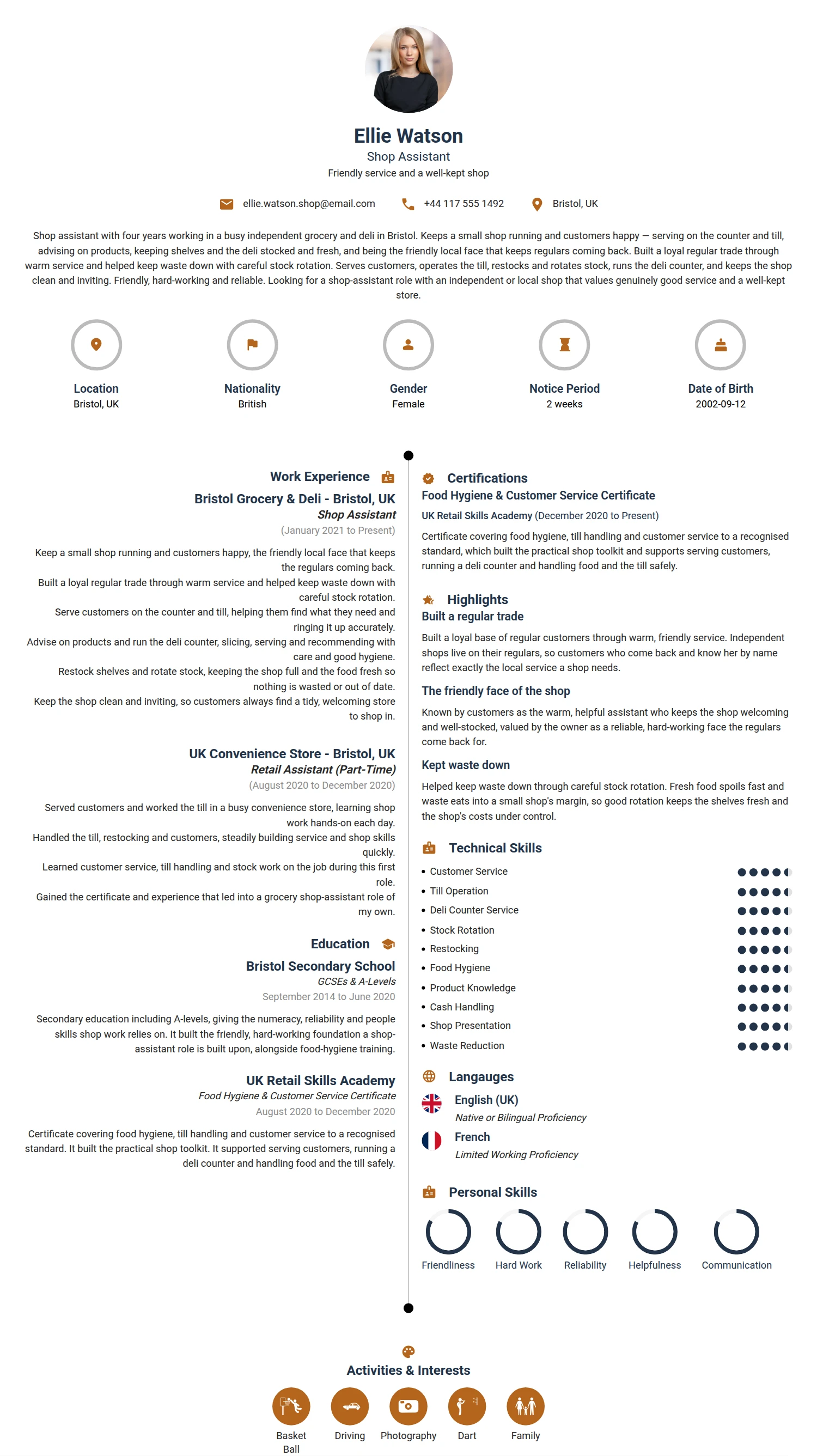 Shop Assistant resume example — a professionally formatted Administration CV sample