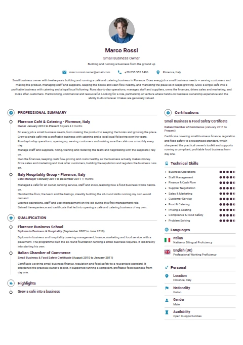 Small Business Owner resume example — a professionally formatted Business Management CV sample