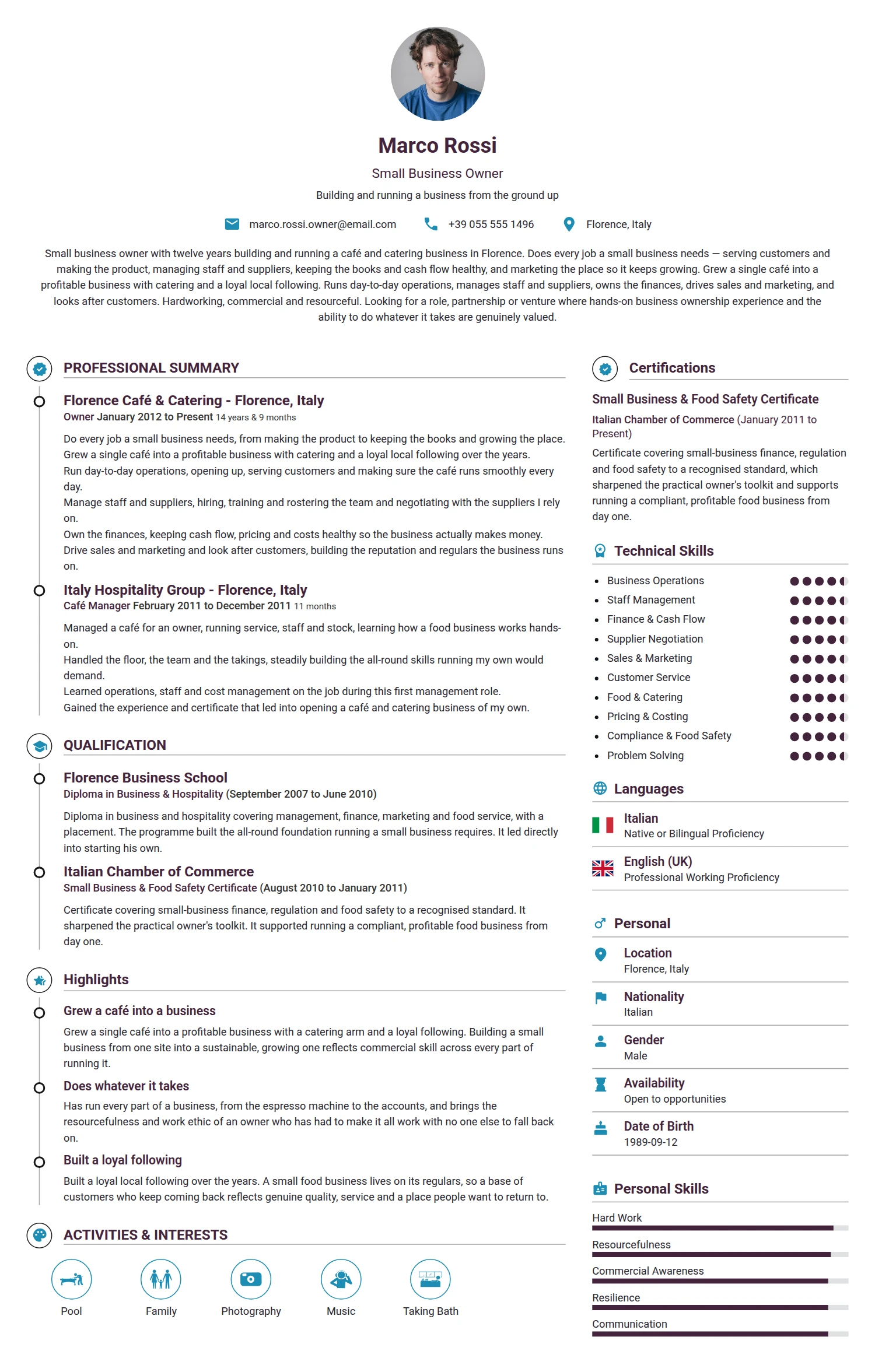 Small Business Owner resume example — a professionally formatted Business Management CV sample