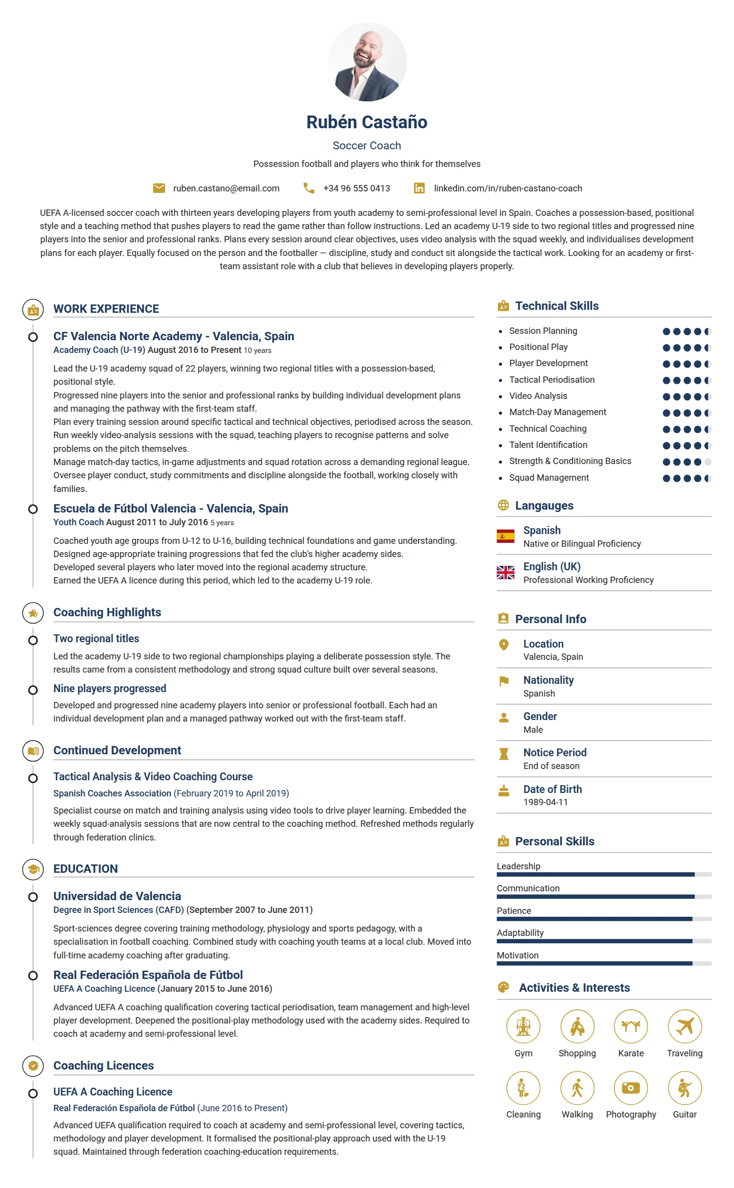 Soccer Coach resume example — a professionally formatted Sports & Fitness CV sample