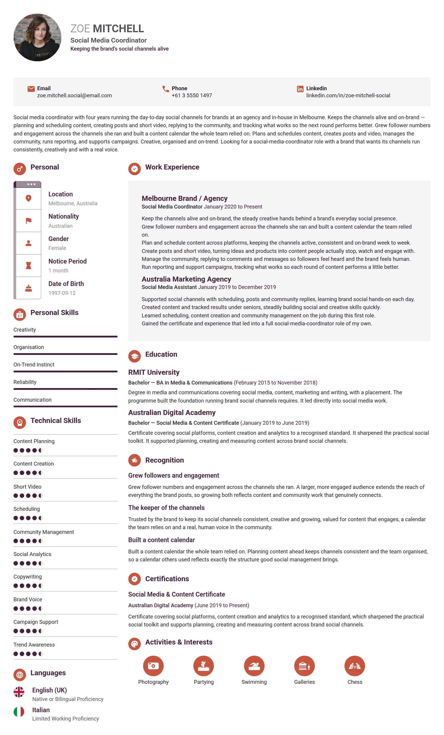 Social Media Coordinator resume example — a professionally formatted Advertising/Marketing/PR CV sample