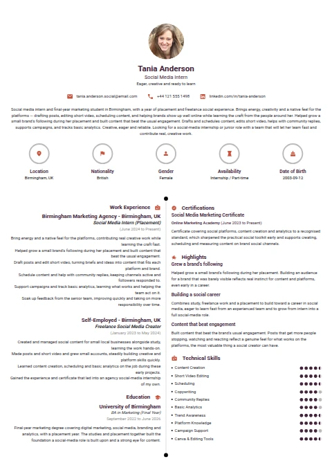 Social Media Intern resume example