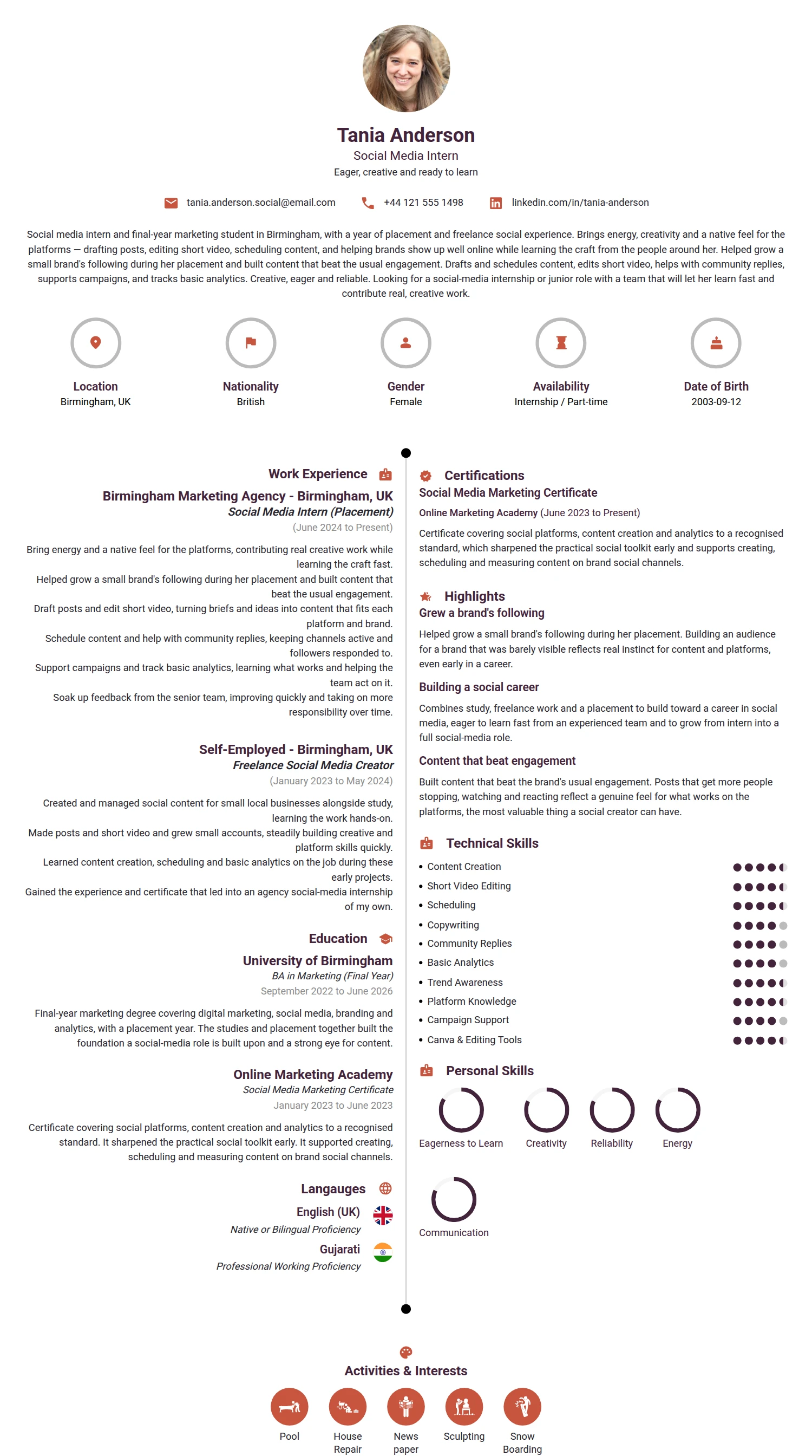 Social Media Intern resume example — a professionally formatted Advertising/Marketing/PR CV sample