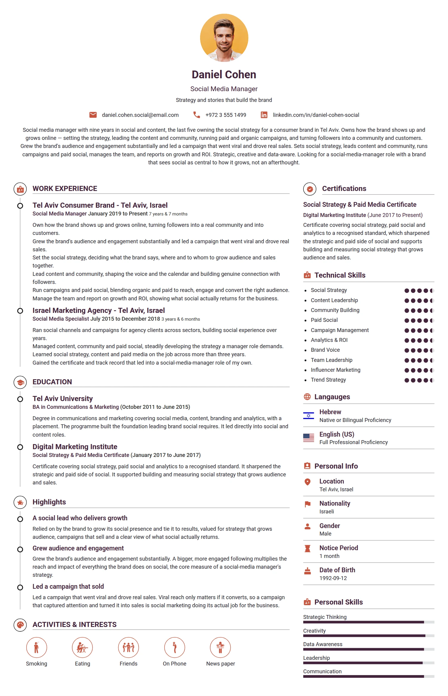 Social Media Manager resume example — a professionally formatted Advertising/Marketing/PR CV sample