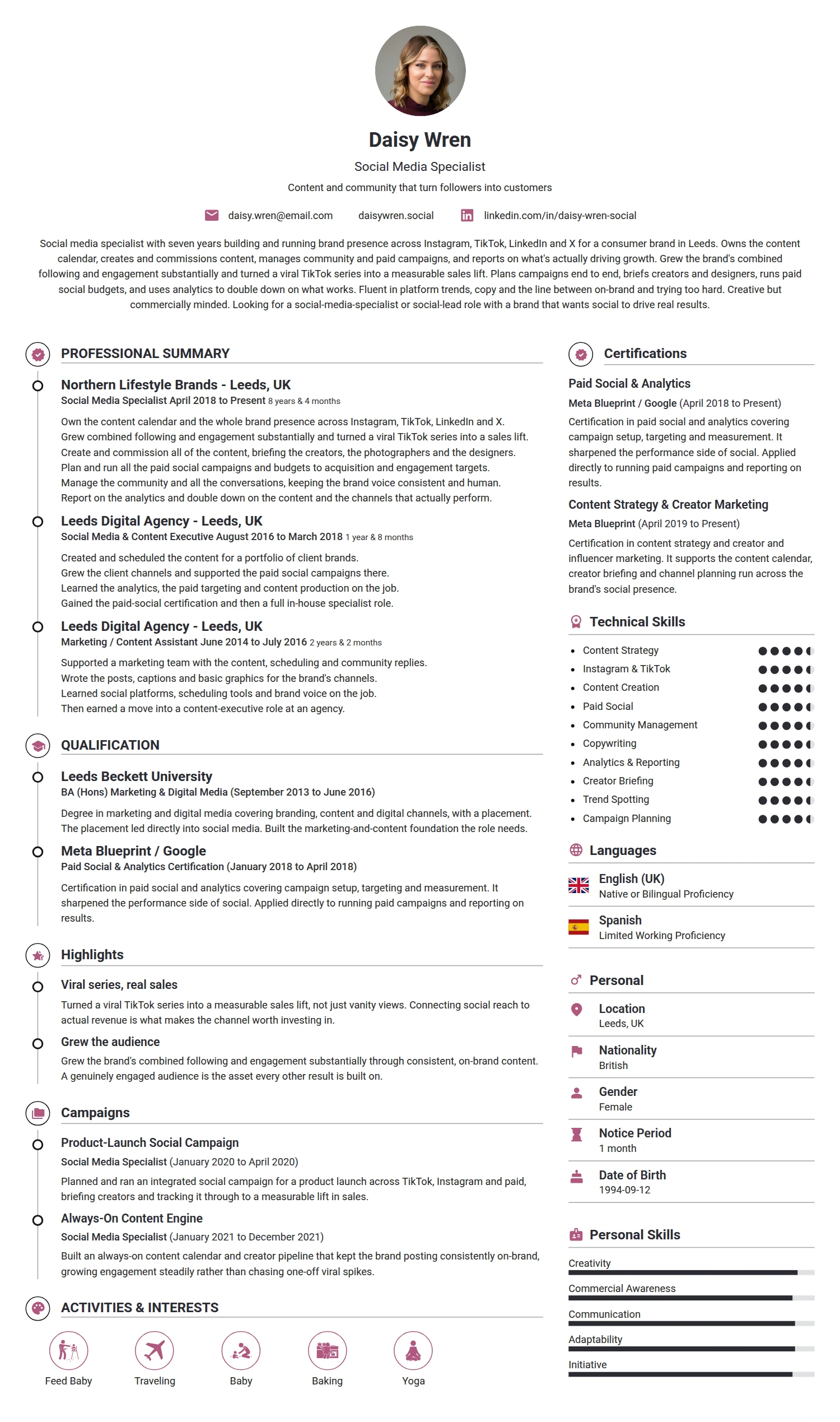 Social Media Specialist resume example — a professionally formatted Advertising/Marketing/PR CV sample