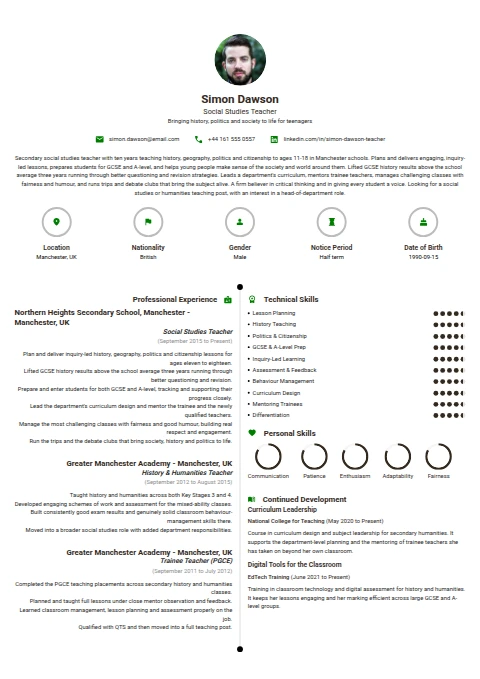 Social Studies Teacher resume example