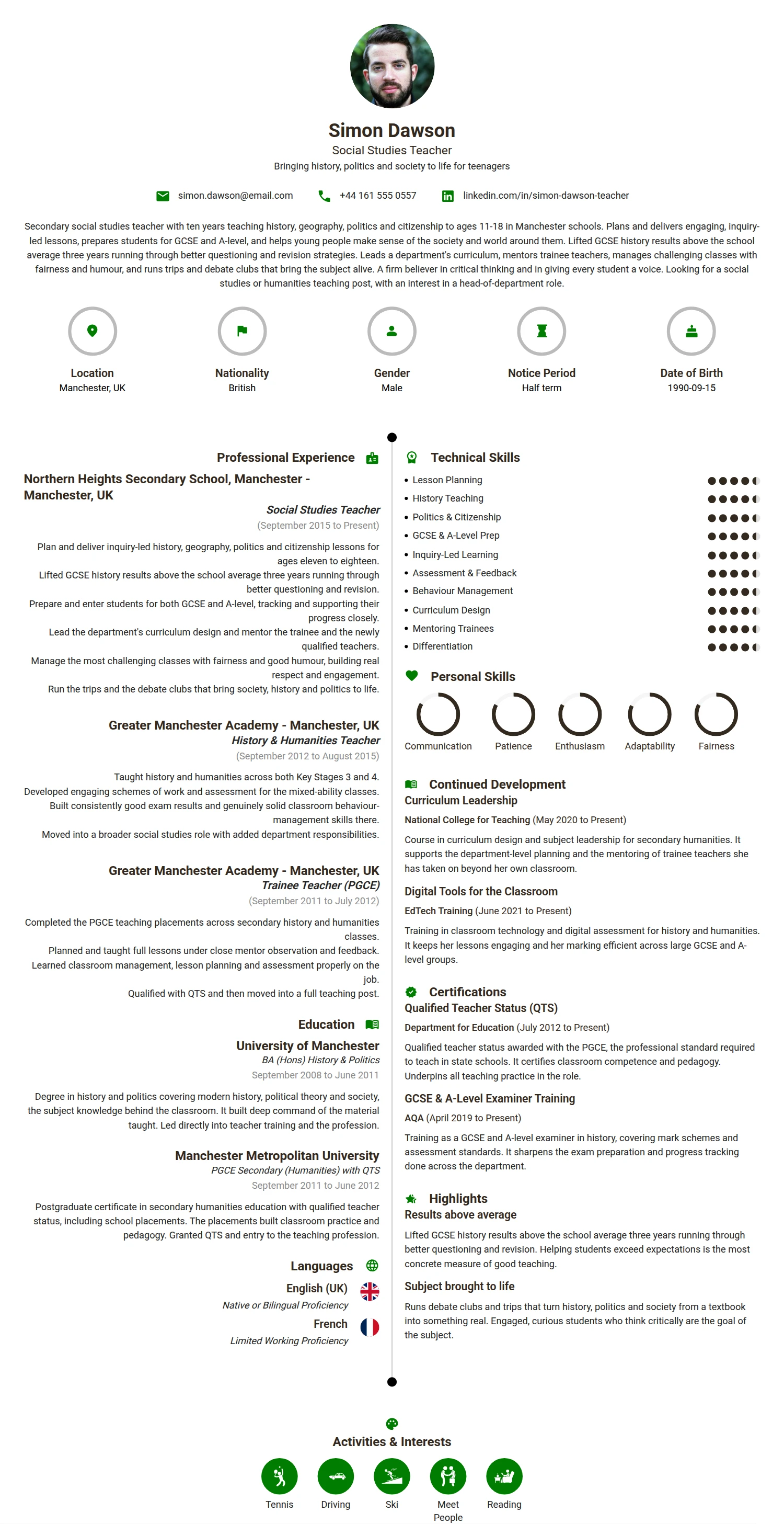 Social Studies Teacher resume example — a professionally formatted Education CV sample