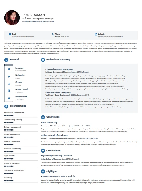Software Development Manager resume example