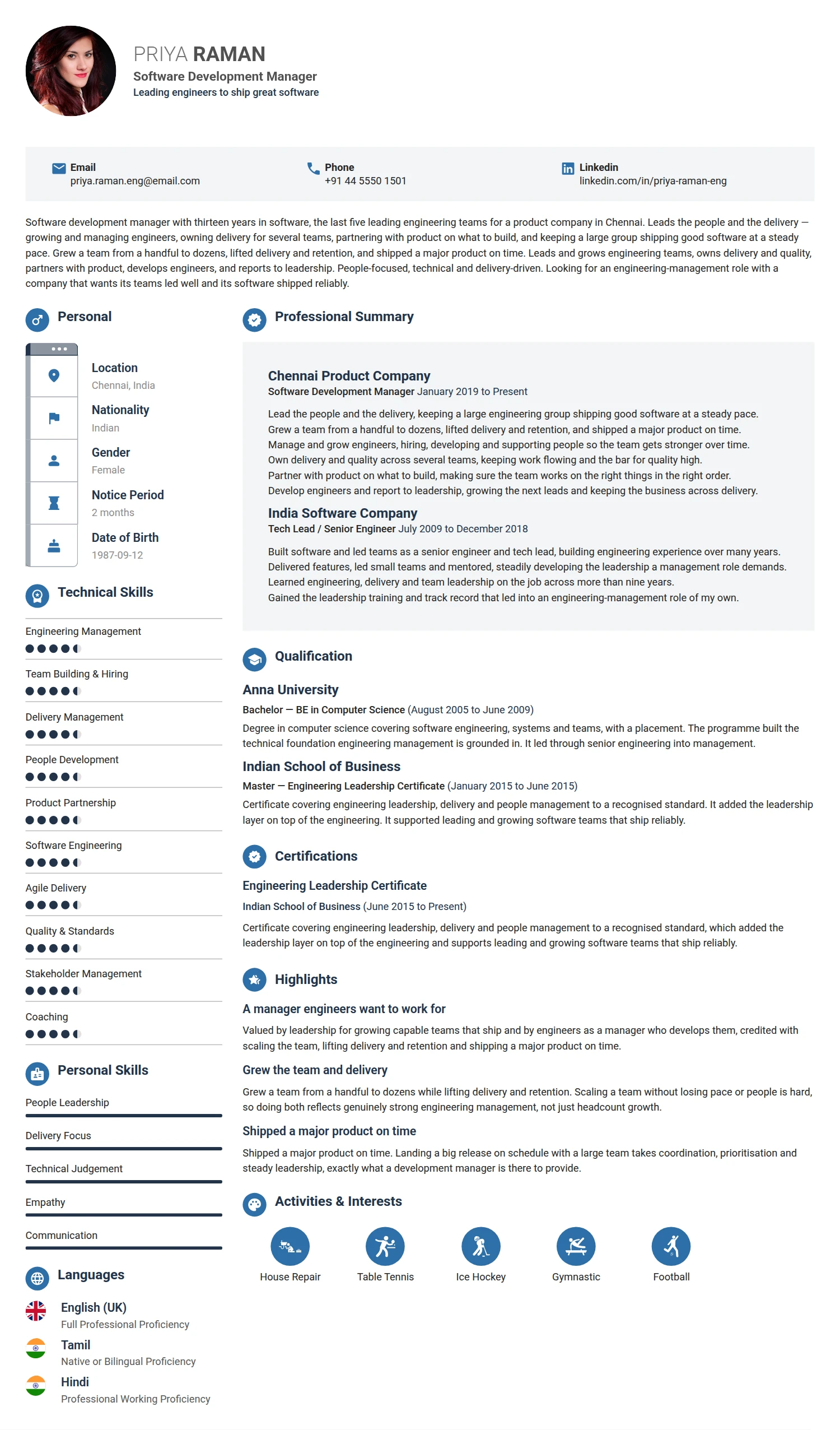 Software Development Manager resume example — a professionally formatted Software Development & IT CV sample