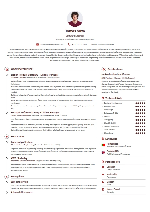 Software Engineer resume example — a professionally formatted Software Development & IT CV sample
