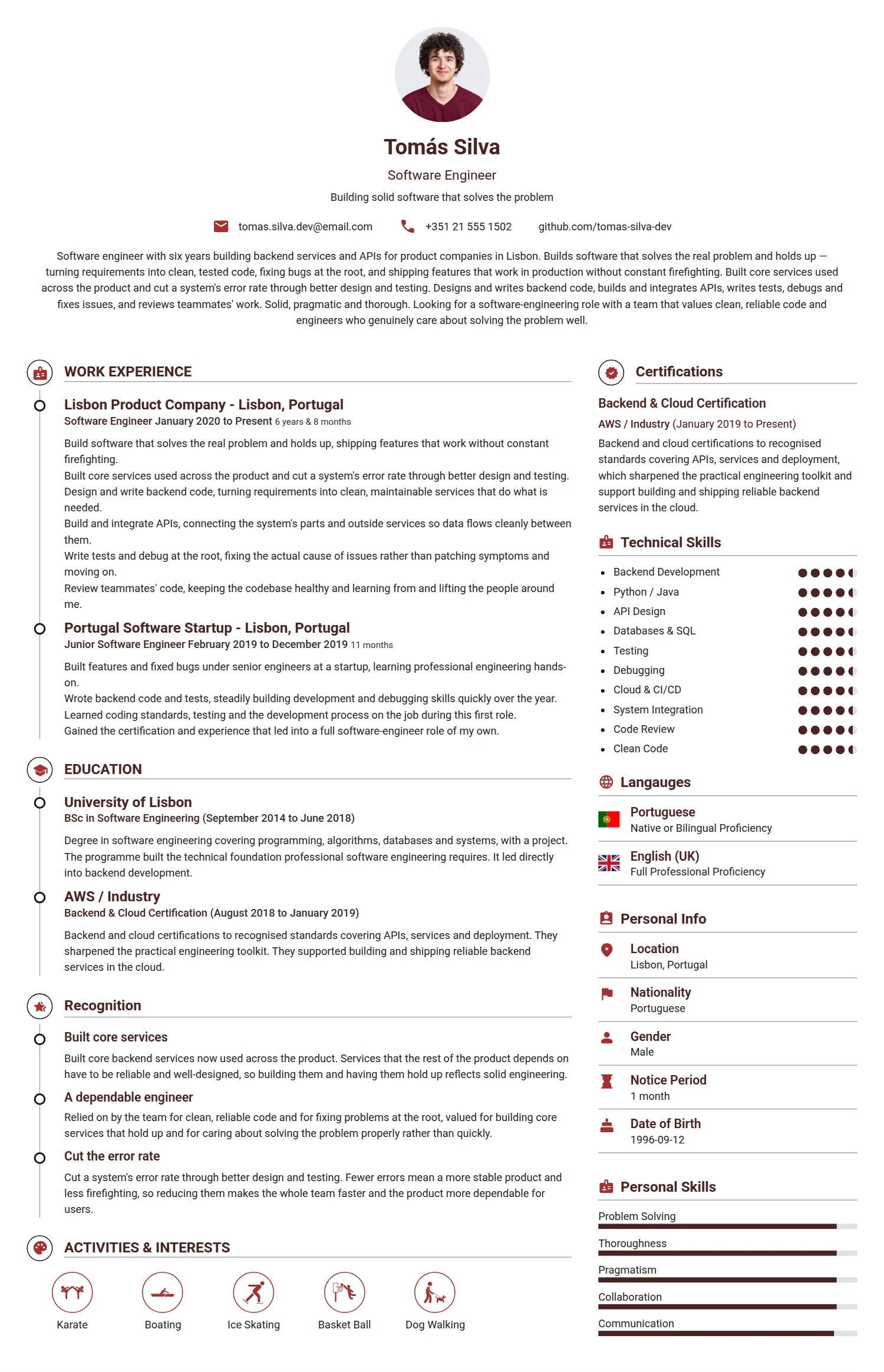 Software Engineer resume example — a professionally formatted Software Development & IT CV sample
