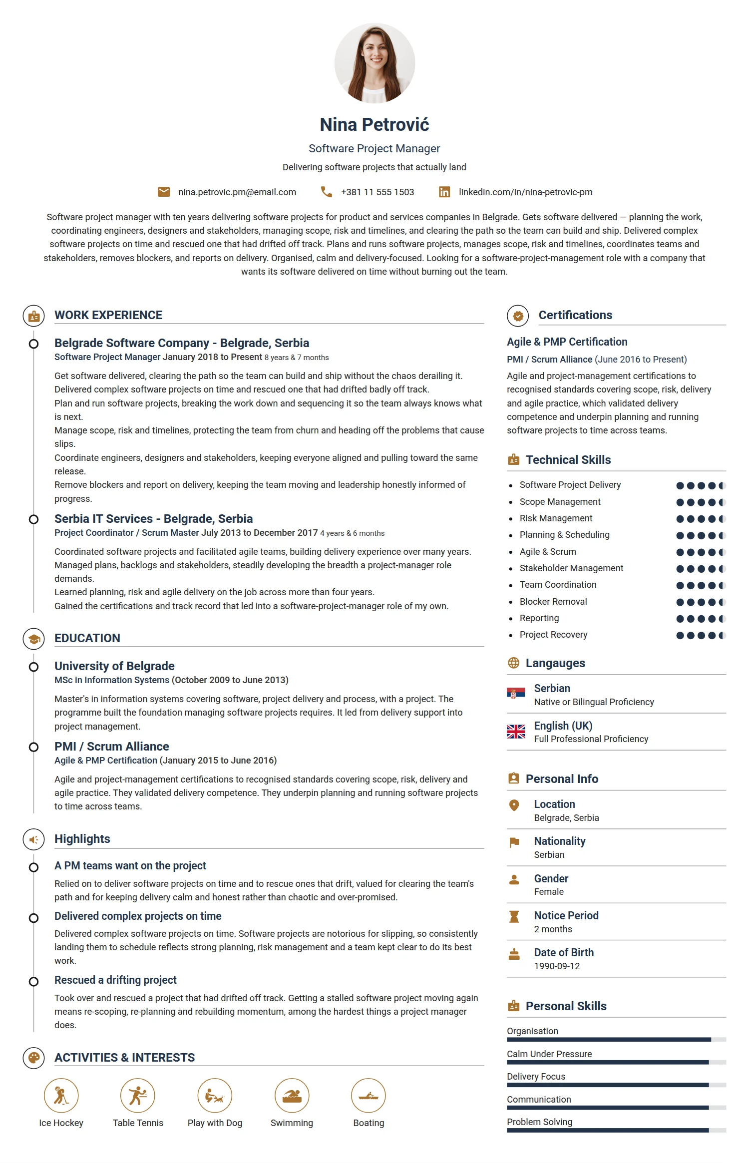 Software Project Manager resume example — a professionally formatted Business Management CV sample