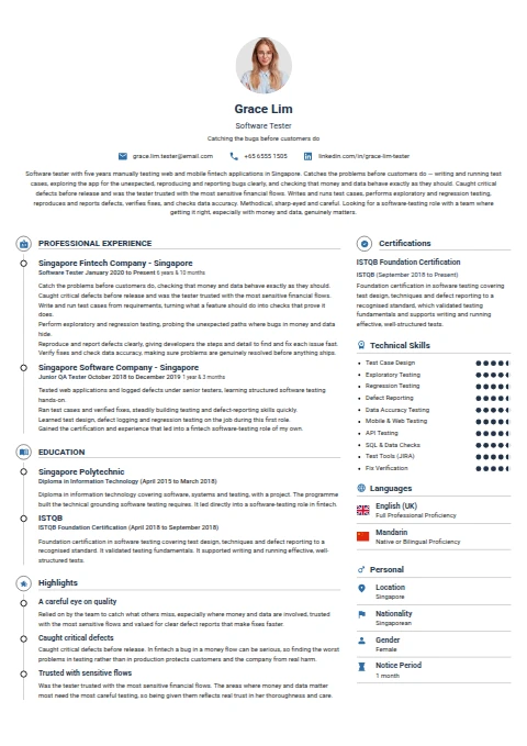 Software Tester resume example
