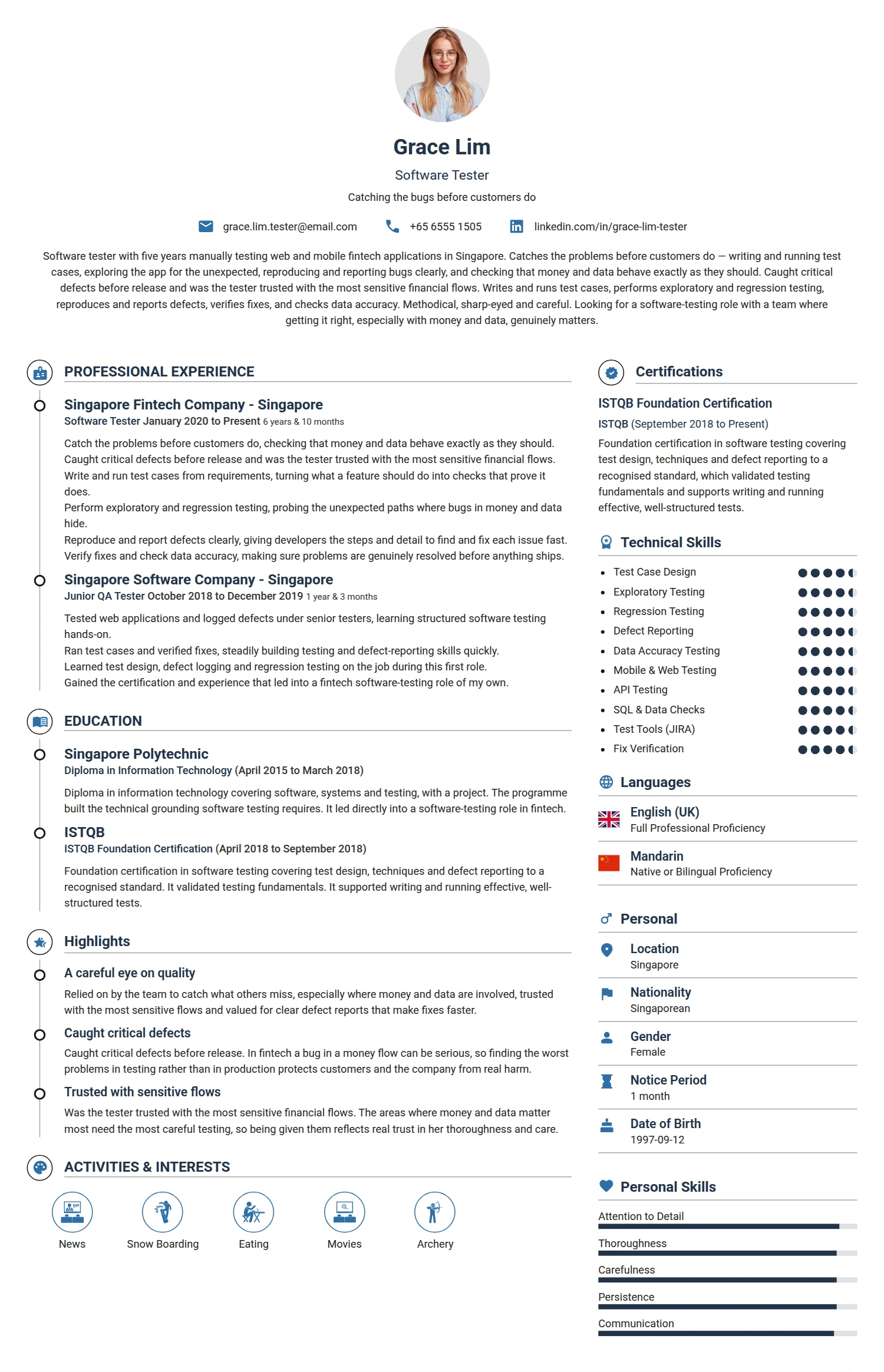 Software Tester resume example — a professionally formatted Software Development & IT CV sample