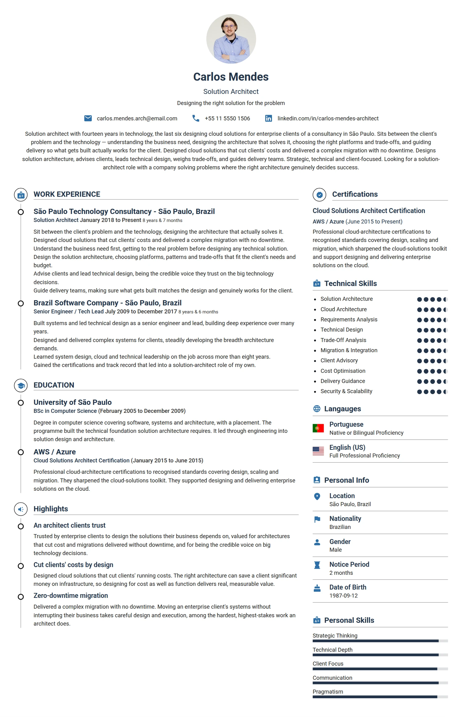 Solution Architect resume example — a professionally formatted Software Development & IT CV sample
