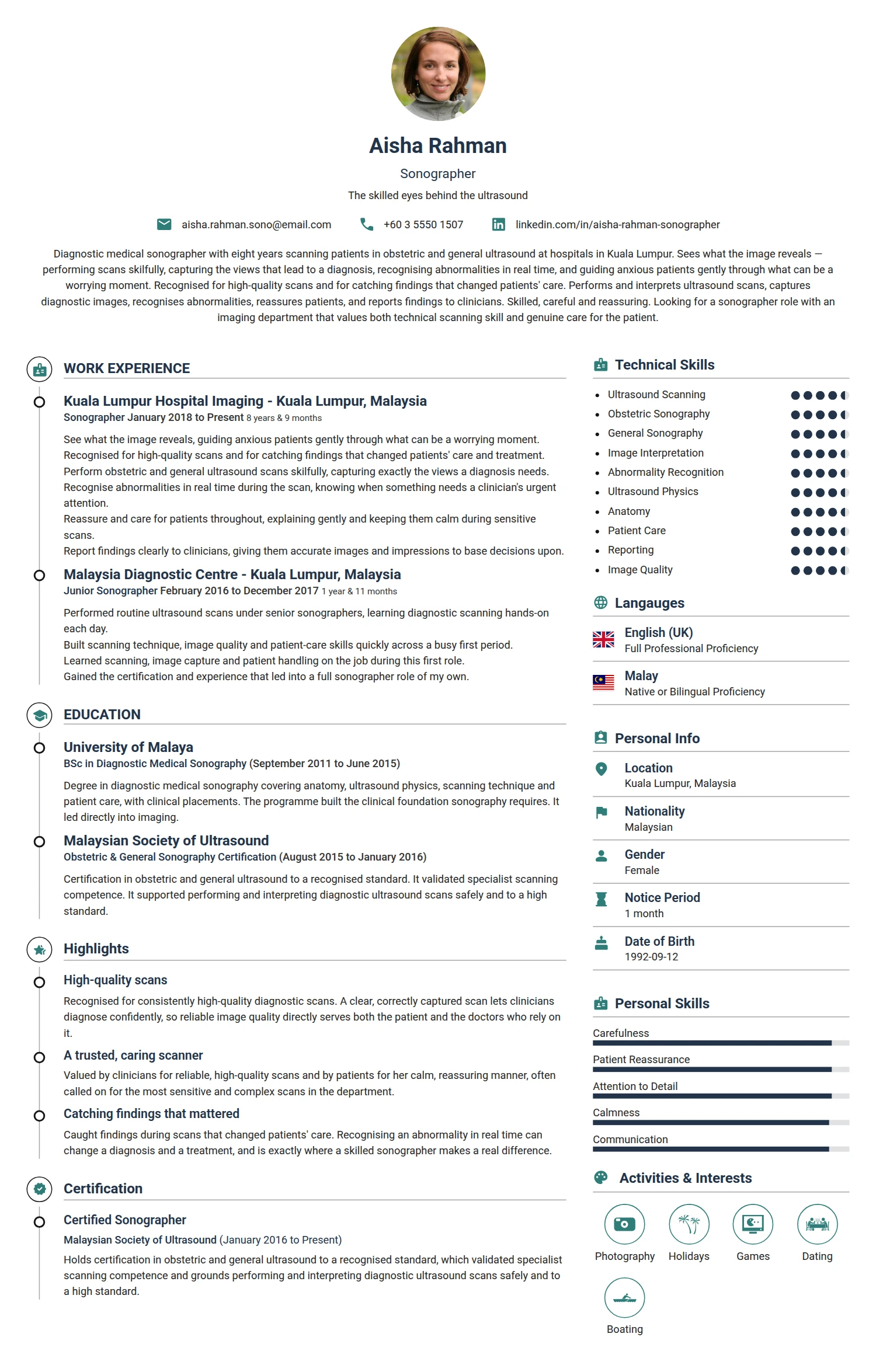 Sonographer resume example — a professionally formatted Engineering CV sample