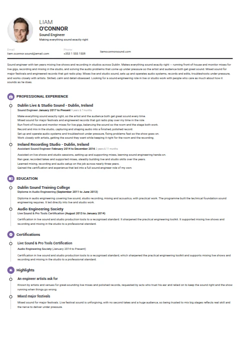 Sound Engineer resume example