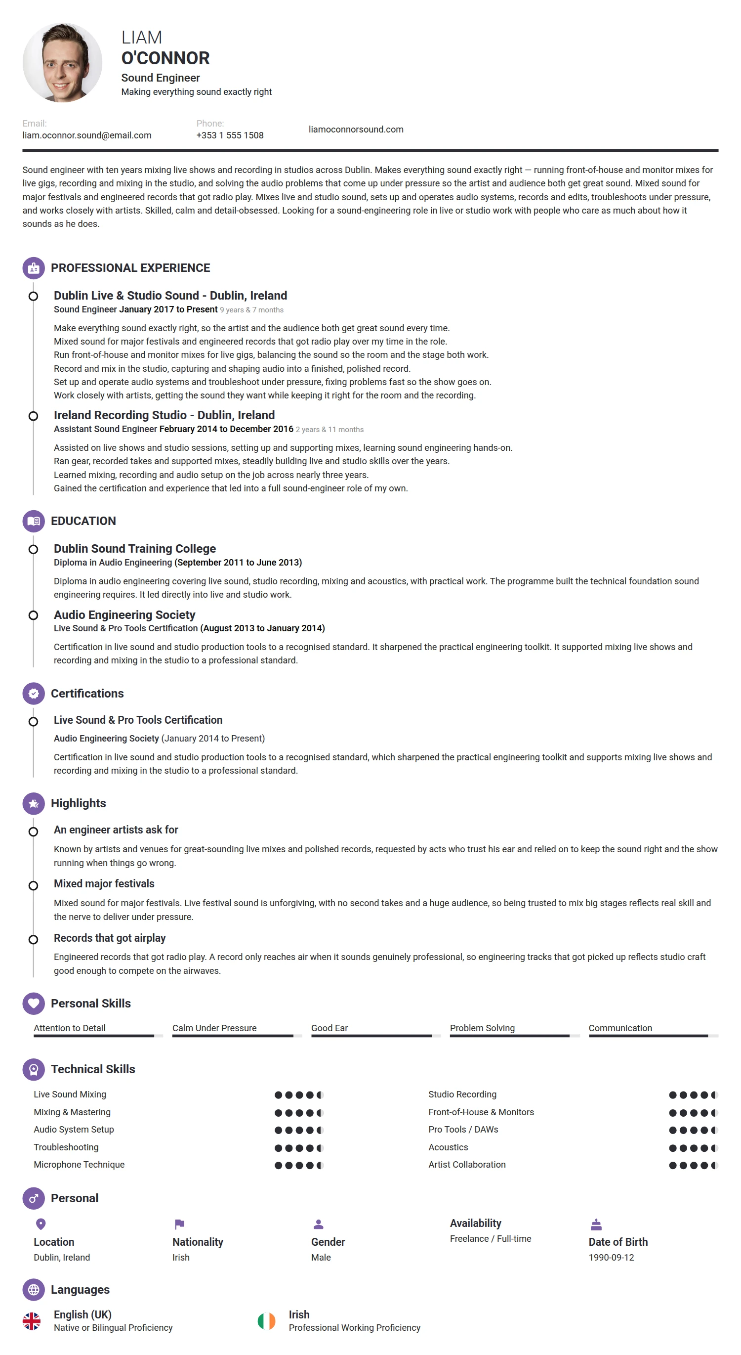 Sound Engineer resume example — a professionally formatted Engineering CV sample