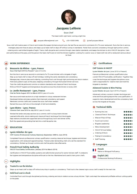 Sous Chef resume example