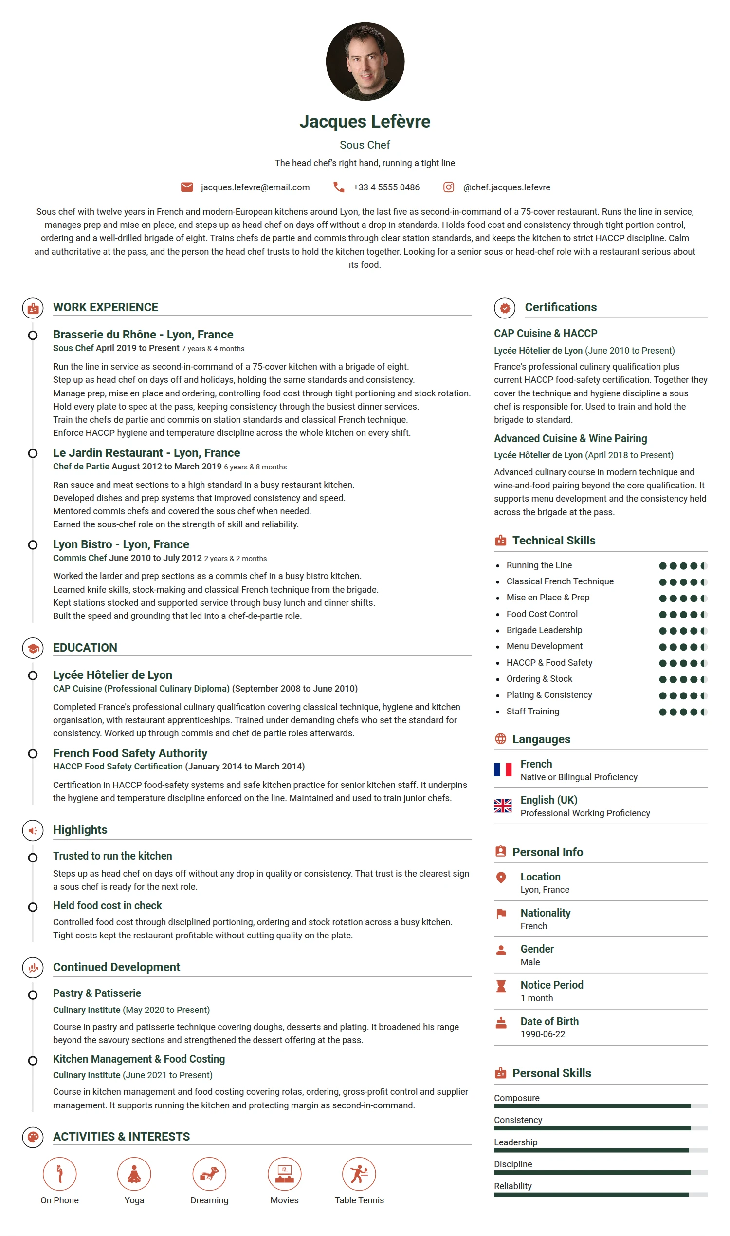 Sous Chef resume example — a professionally formatted Hospitality CV sample