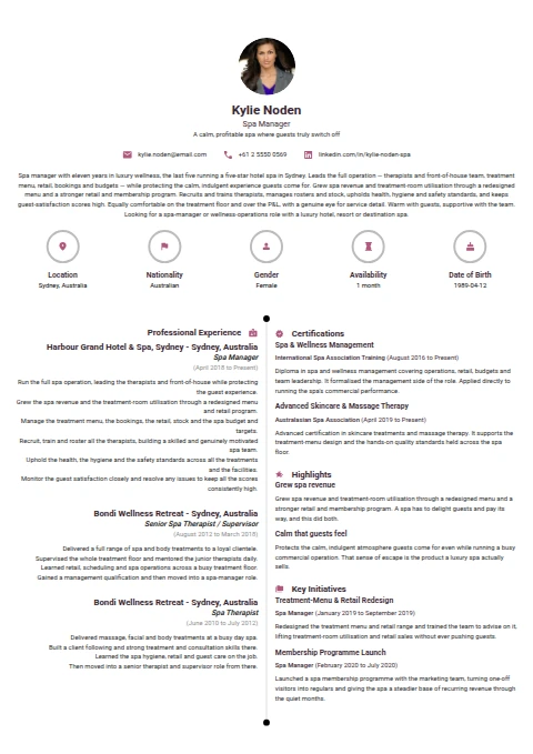 Spa Manager resume example