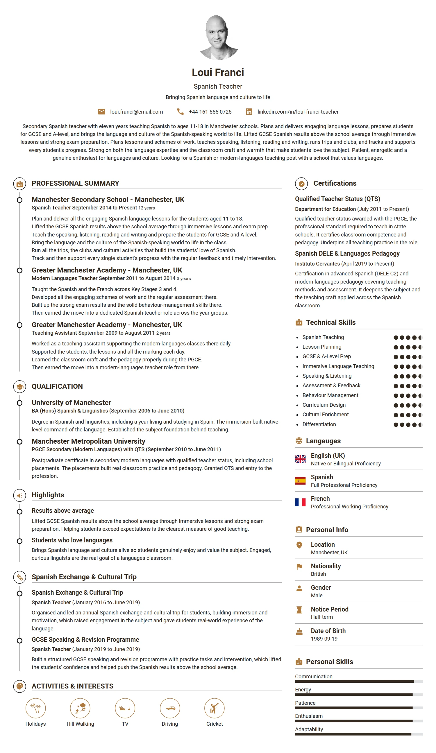 Spanish Teacher resume example — a professionally formatted Education CV sample