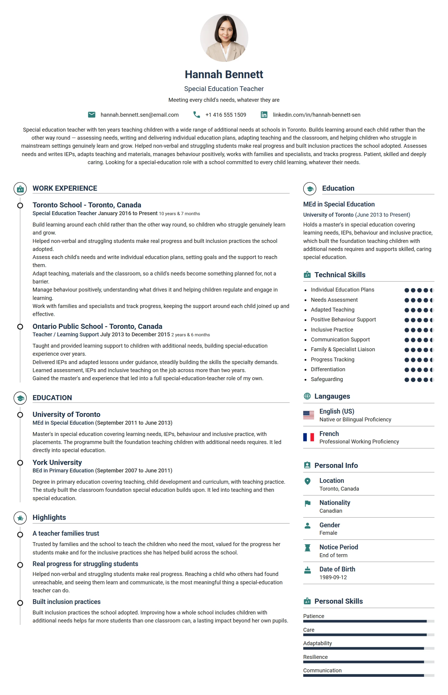 Special Education Teacher resume example — a professionally formatted Education CV sample
