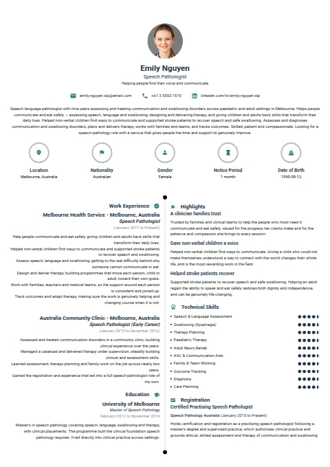 Speech Pathologist resume example — a professionally formatted Medical & Healthcare CV sample