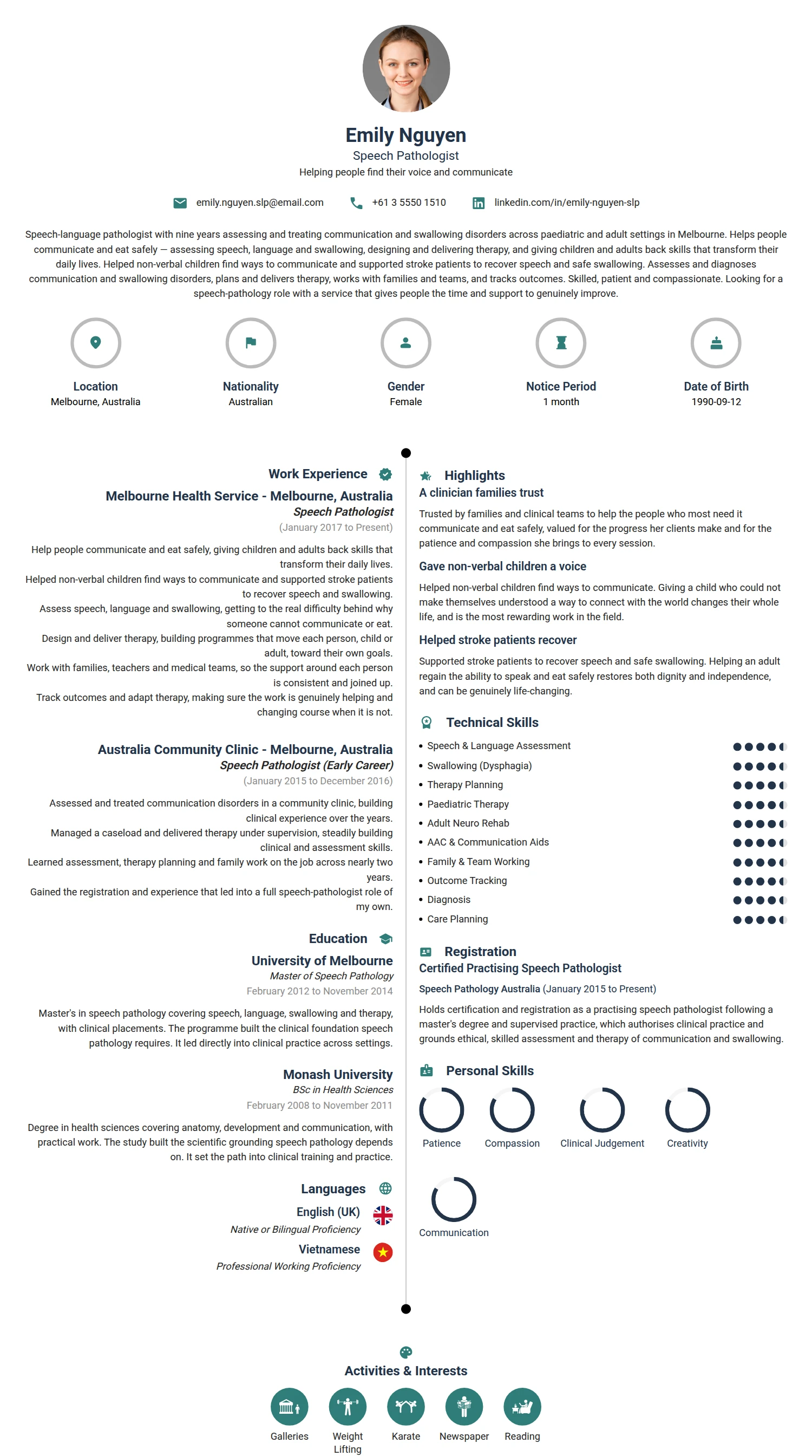 Speech Pathologist resume example — a professionally formatted Medical & Healthcare CV sample