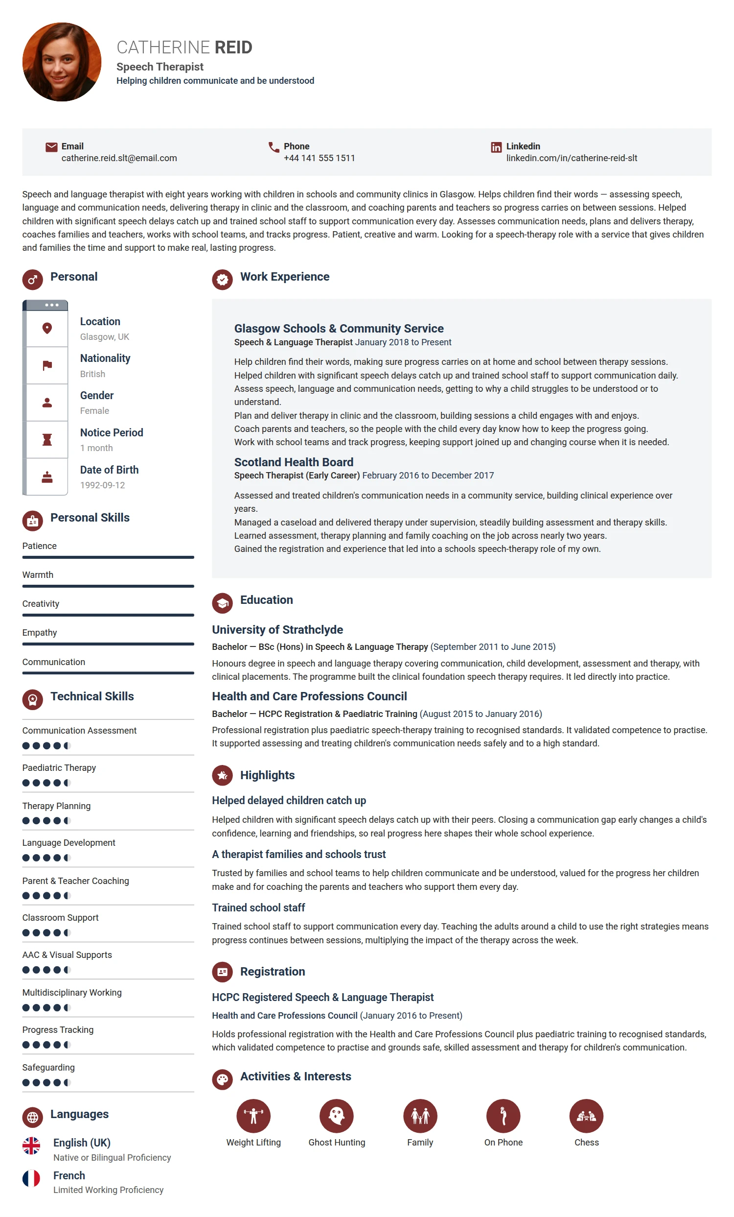 Speech Therapist resume example — a professionally formatted Medical & Healthcare CV sample