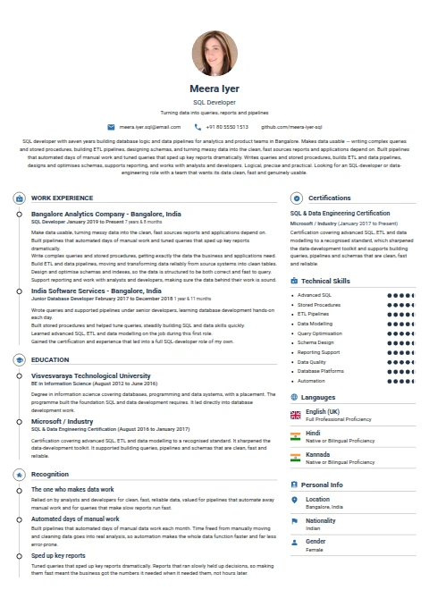 SQL Developer resume example