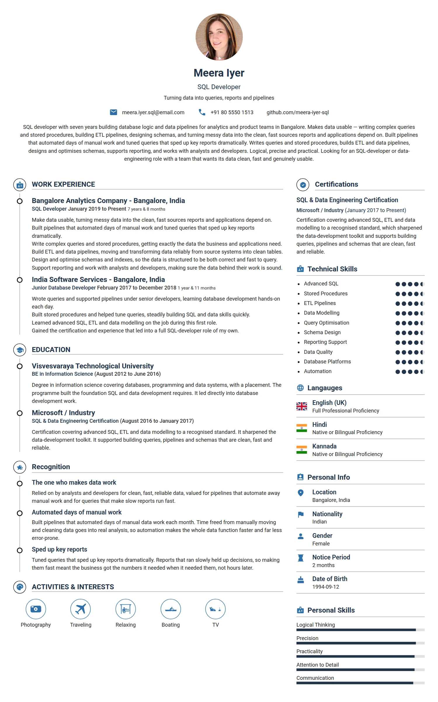 SQL Developer resume example — a professionally formatted Software Development & IT CV sample