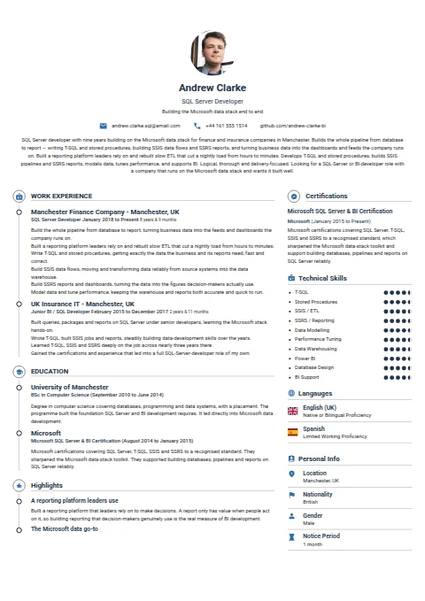 SQL Server Developer resume example