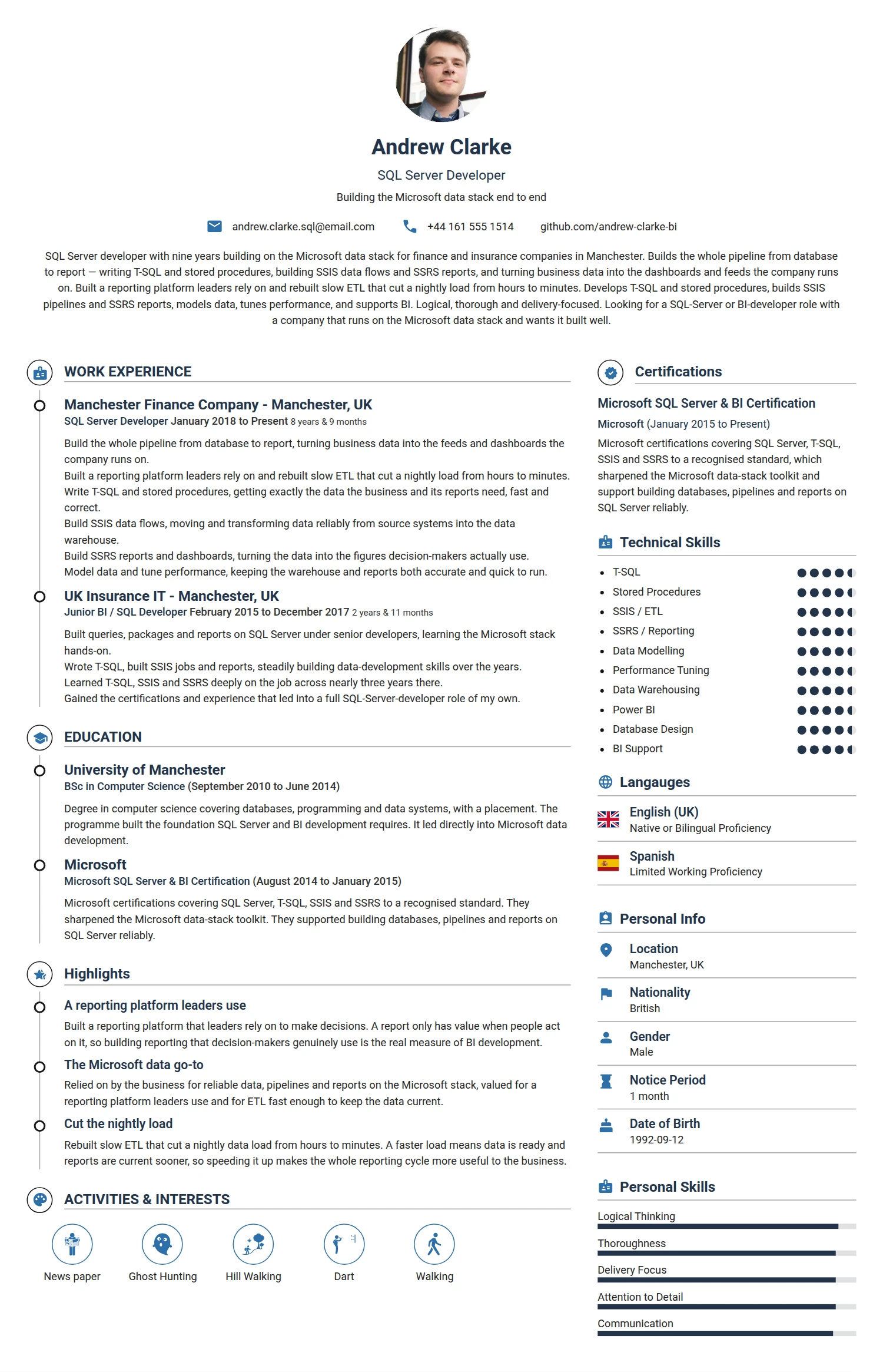 SQL Server Developer resume example — a professionally formatted Software Development & IT CV sample