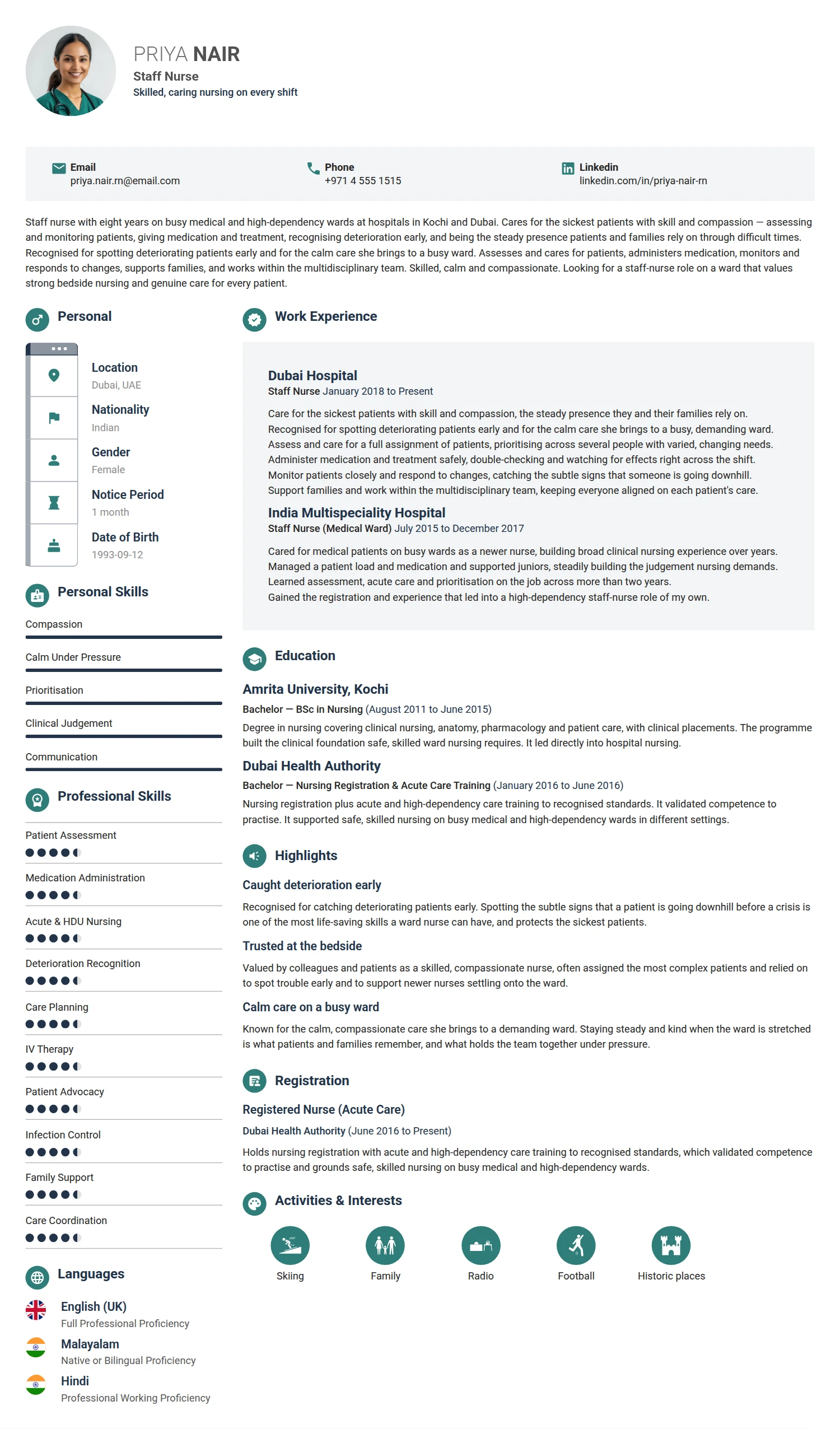 Staff Nurse resume example — a professionally formatted Medical & Healthcare CV sample