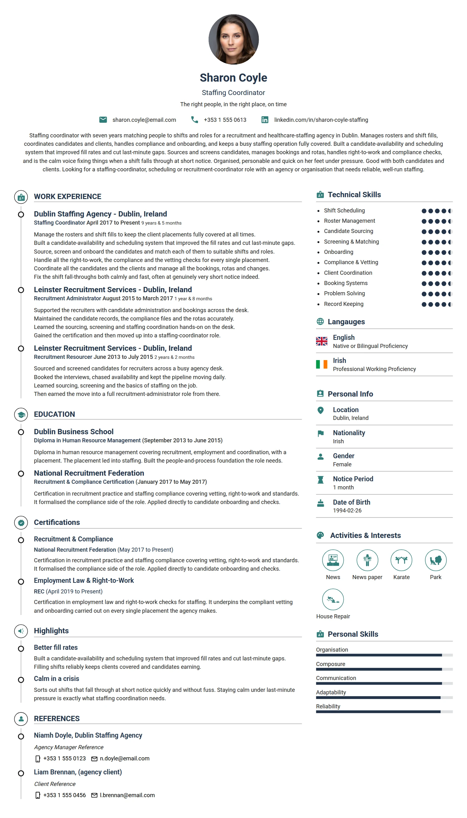 Staffing Coordinator resume example — a professionally formatted Human Resources CV sample