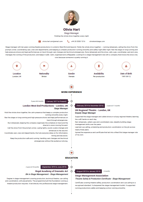 Stage Manager resume example