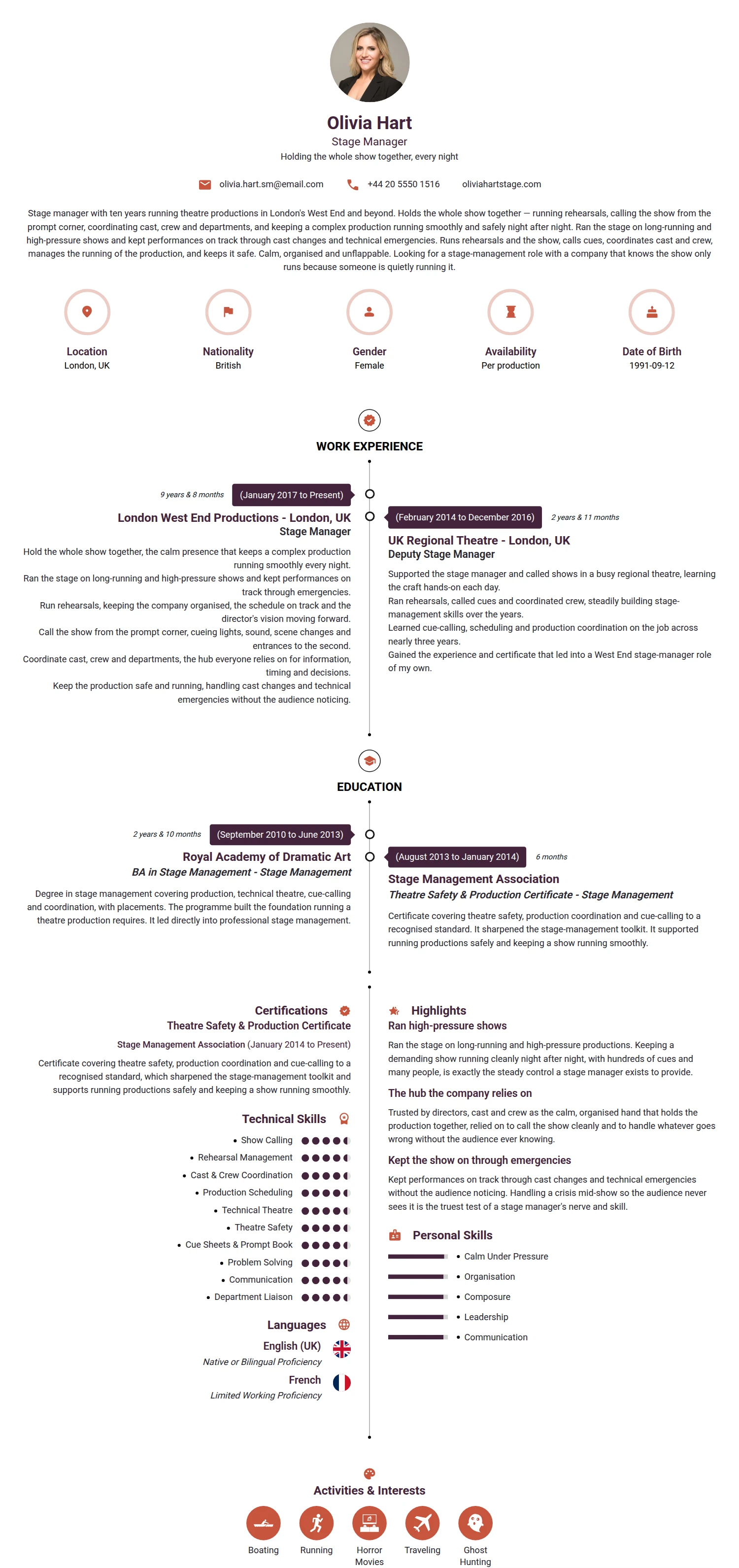 Stage Manager resume example — a professionally formatted Media/Journalism CV sample