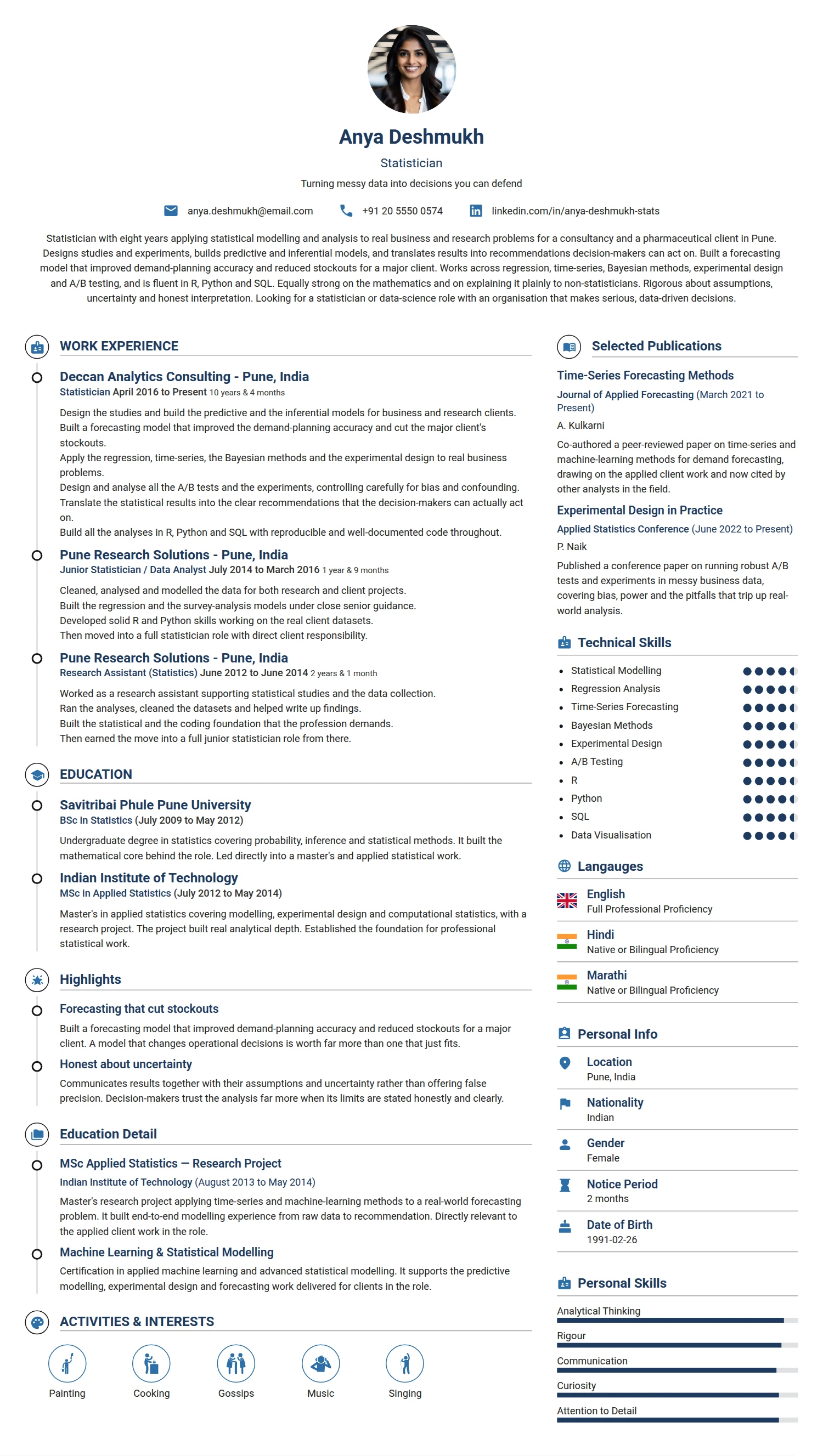 Statistician resume example — a professionally formatted Science & Research CV sample
